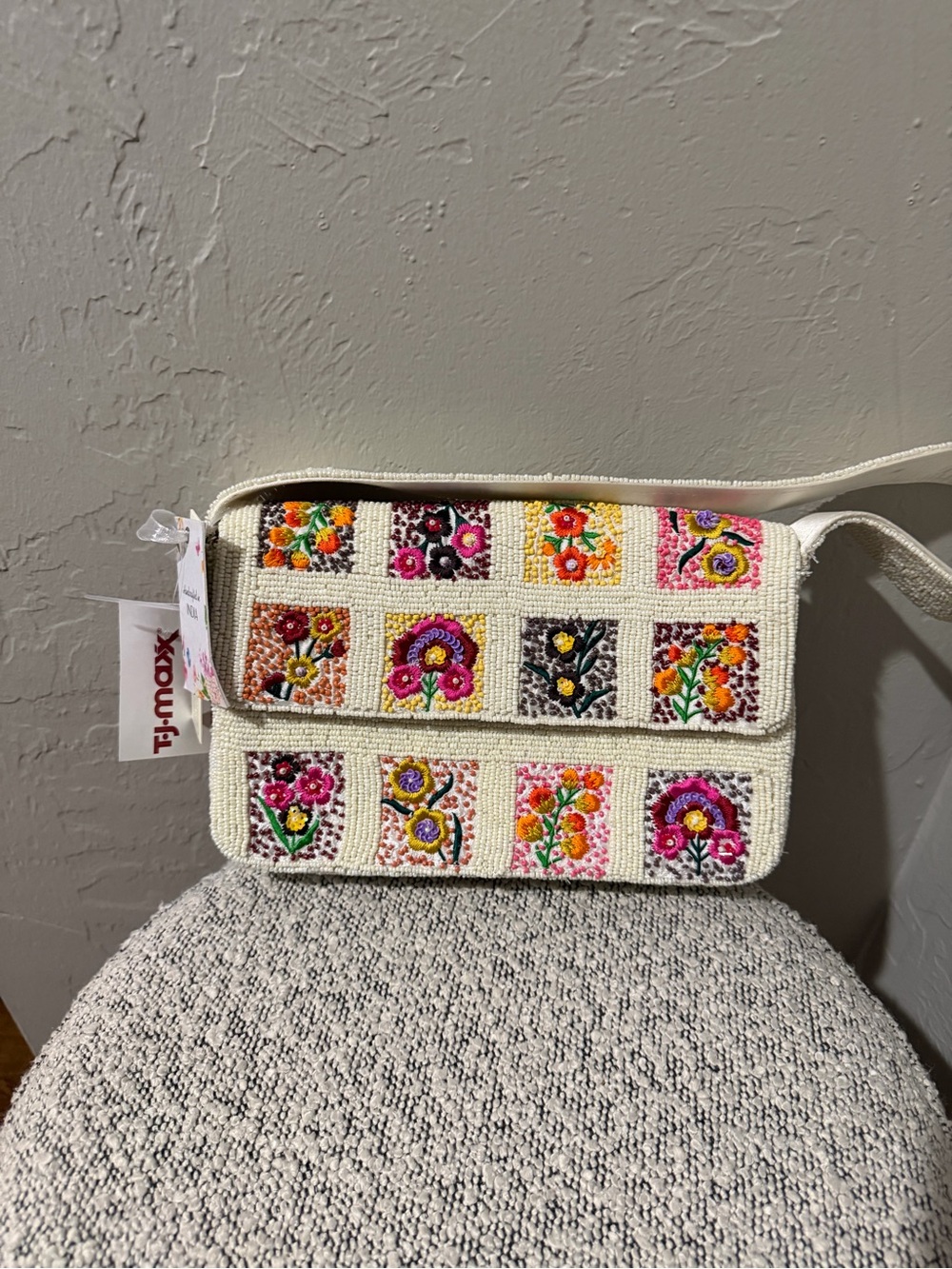 T.J.Maxx Cream Crossbody Bag with Multicolor Floral Embroidery